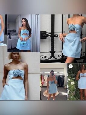 Blue strapless cut out dress with 3D rose detail size small